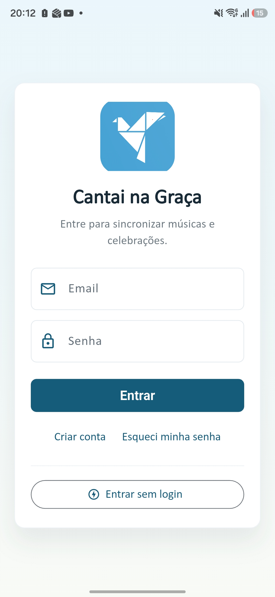 Tela de login do Cantai na Graça